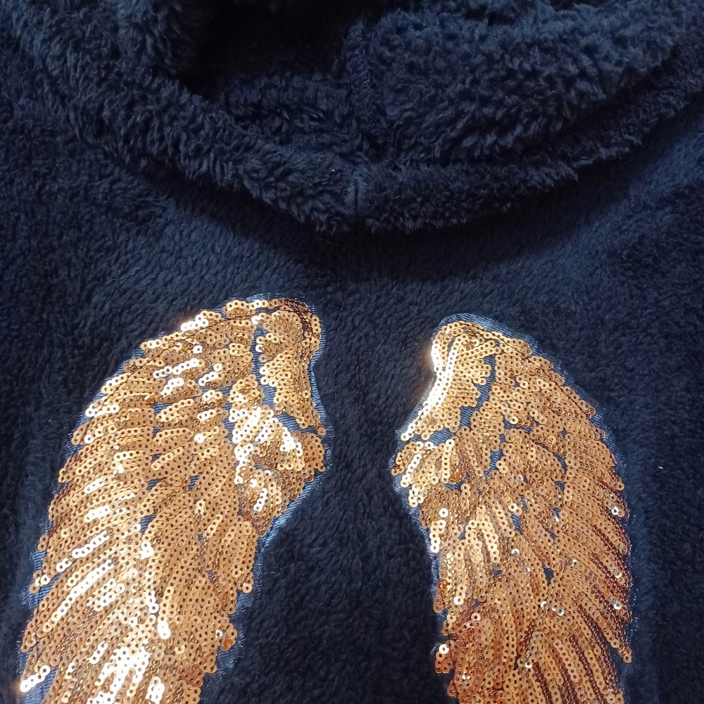Chic Black and Gold Zipper Front Teddy Jacket with Wing Design NWOT - Picture 4 of 8